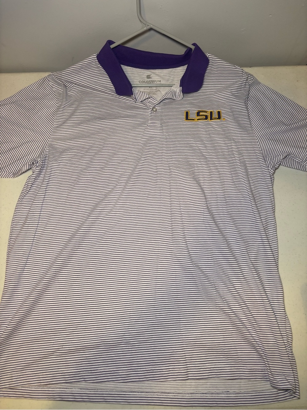 Colosseum Purple & White Striped LSU Polo